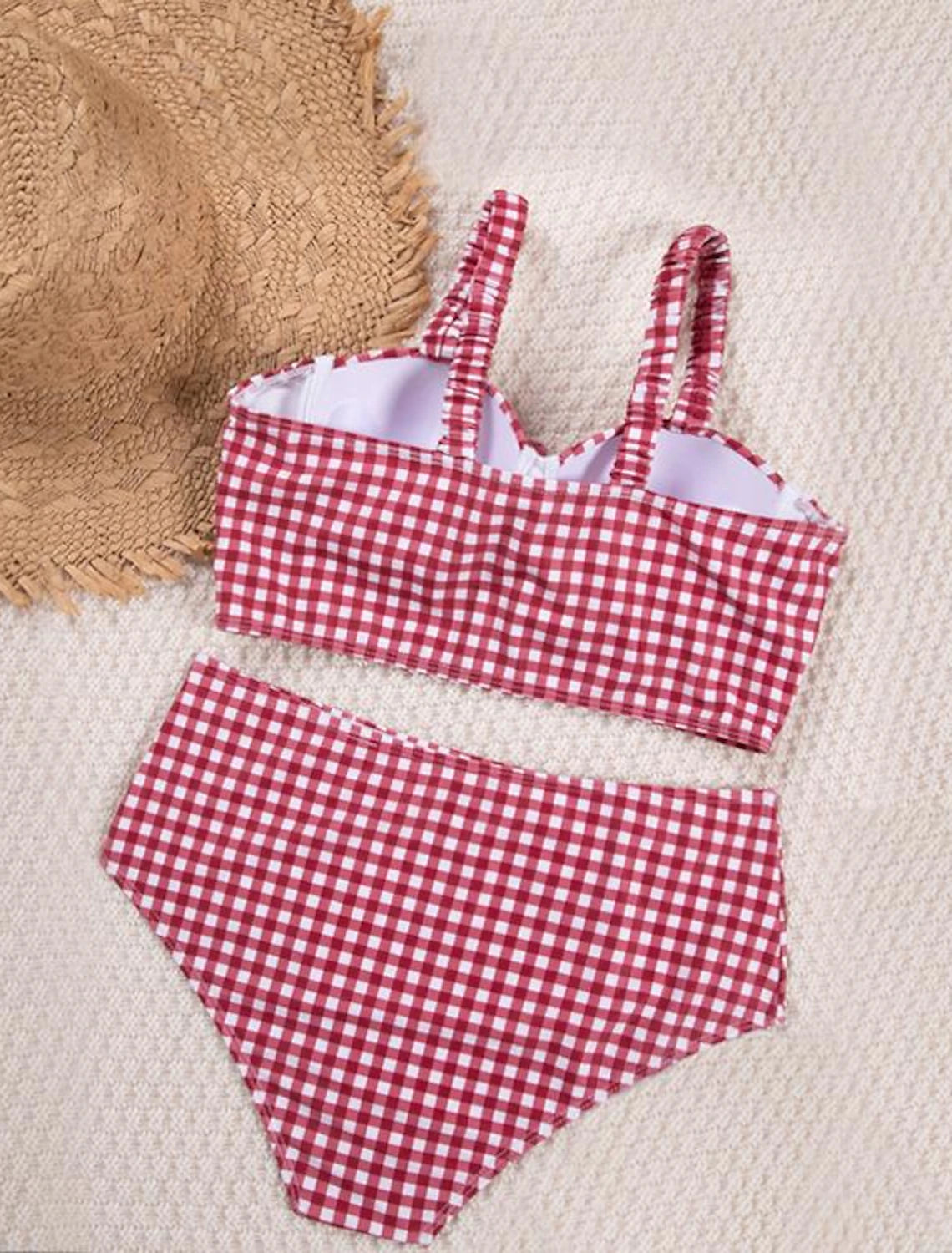 2 pcs Swimwear Bikini Swimsuits 1950s High-Waisted Women's Plaid Checkered Polyester Pink Bra Briefs