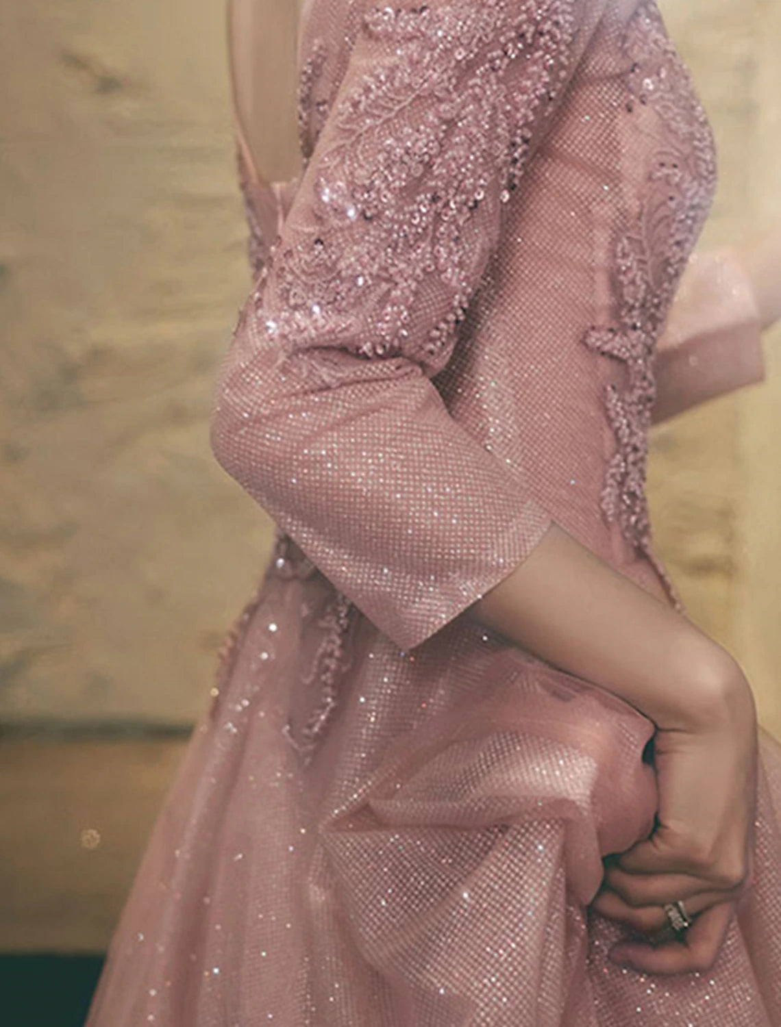 A-Line Prom Dresses Sparkle & Shine Dress Wedding Guest Prom Floor Length 3/4 Length Sleeve V Neck Lace with Appliques