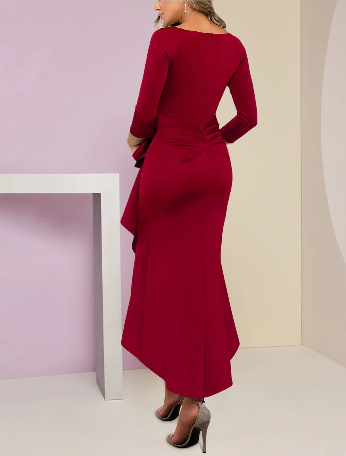 Mermaid / Trumpet Mother of the Bride Dress Wedding Guest Elegant Petite Scoop Neck Asymmetrical Fabric Long Sleeve with Ruffles Ruching