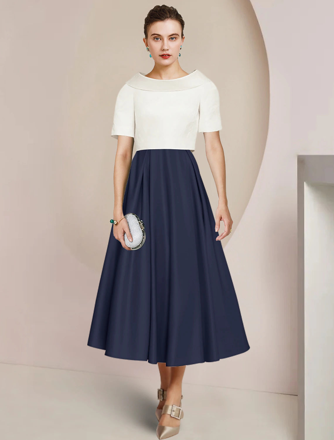 A-Line Mother of the Bride Dress Formal Wedding Guest Elegant Party Scoop Neck Tea Length Satin Short Sleeve with Pleats Color Block