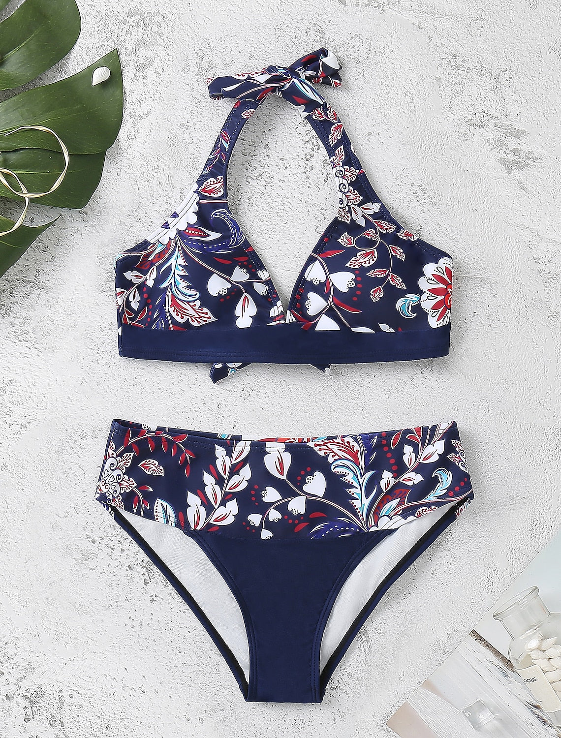 Women's Swimwear Bikini 2 Piece Swimsuit Halter 2 Piece Open Back Sexy Floral V Wire Tropical Sexy Bathing Suits
