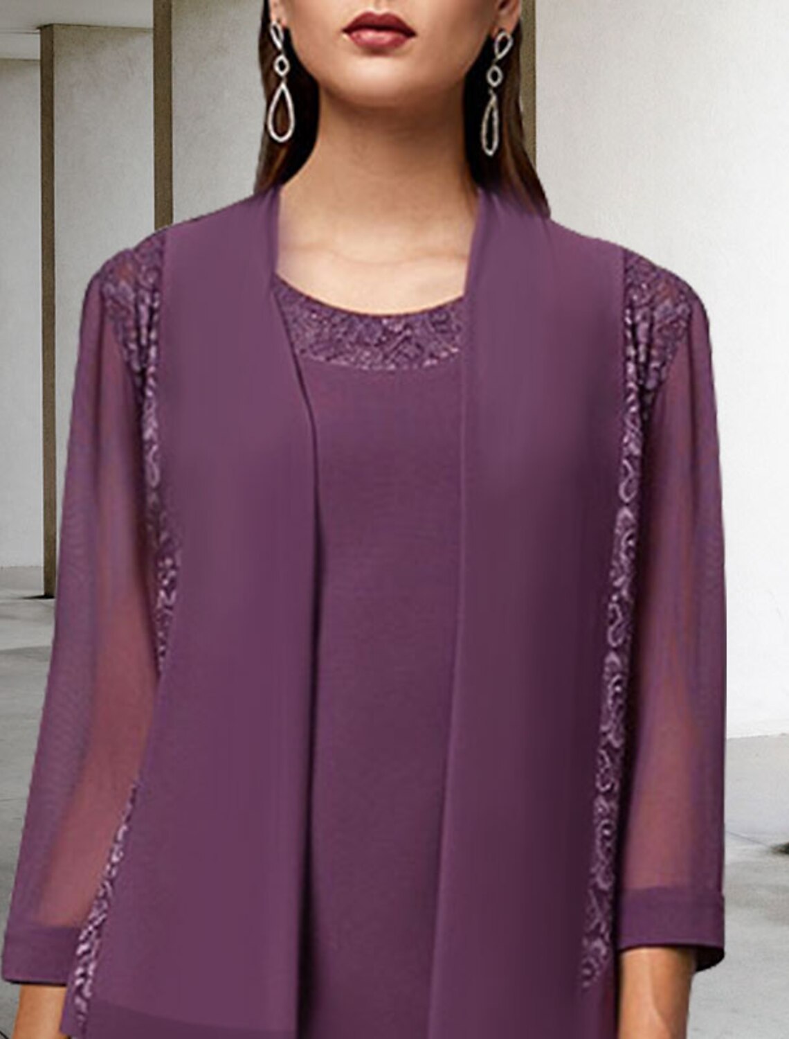 Two Piece A-Line Mother of the Bride Dress Elegant Jewel Neck Tea Length Chiffon Lace Sleeveless Wrap Included with Solid