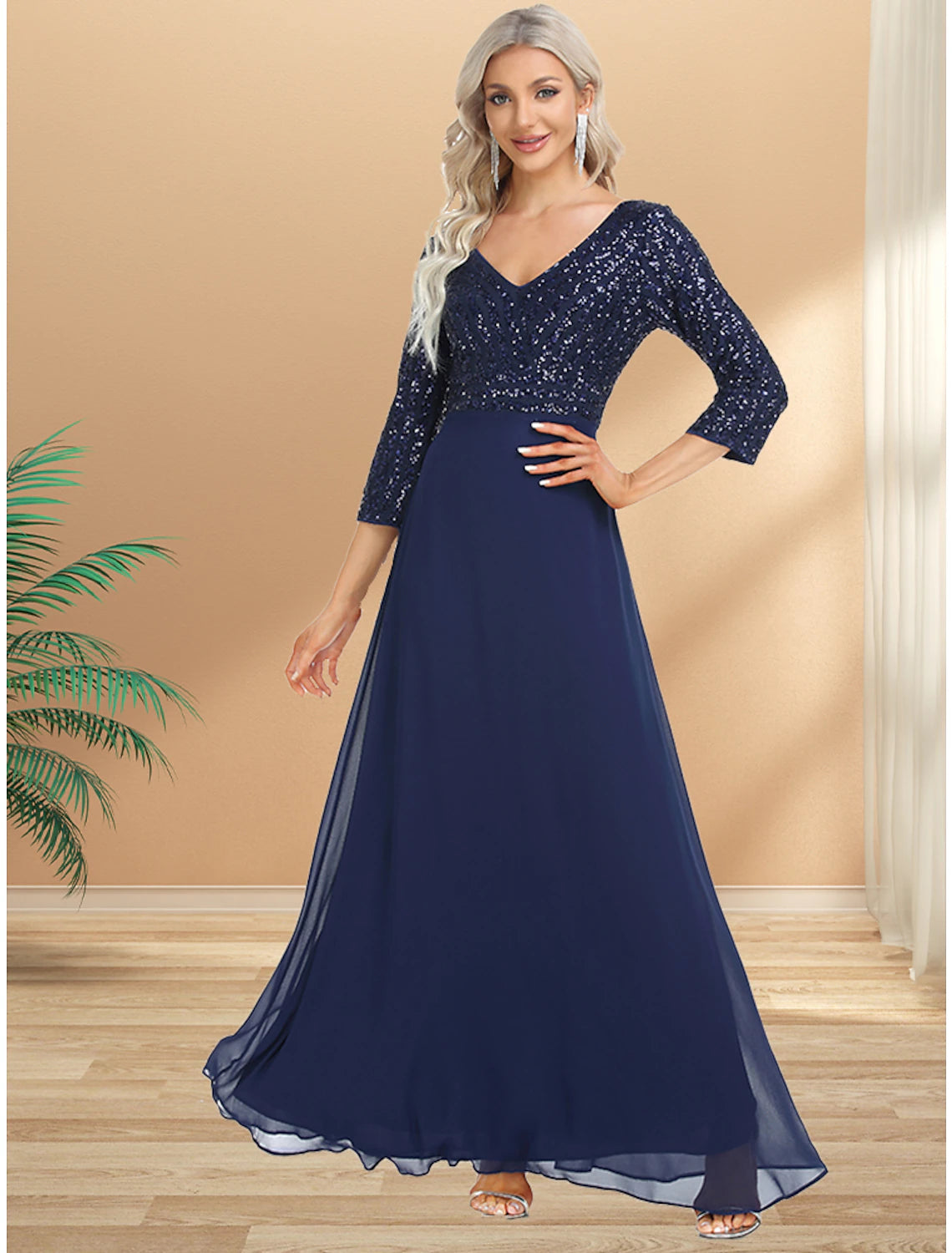 A-Line Evening Gown Plus Size Dress Wedding Guest Black Tie Floor Length 3/4 Length Sleeve V Neck Chiffon V Back with Sequin