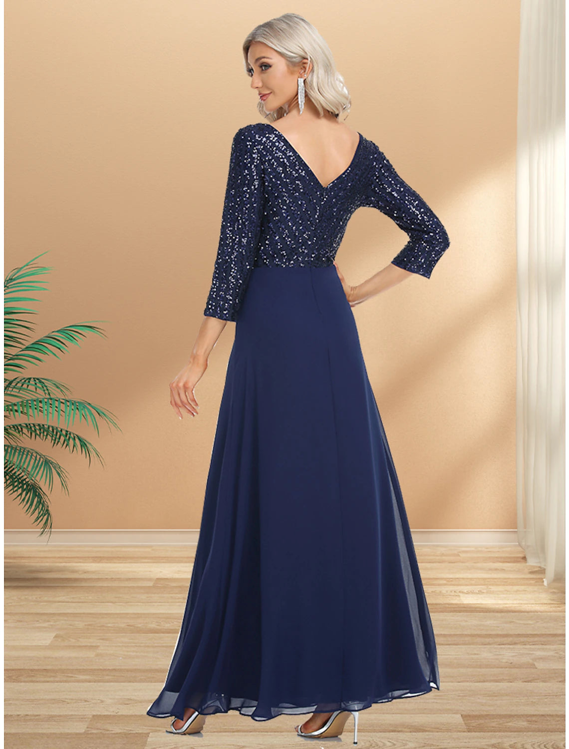 A-Line Evening Gown Plus Size Dress Wedding Guest Black Tie Floor Length 3/4 Length Sleeve V Neck Chiffon V Back with Sequin