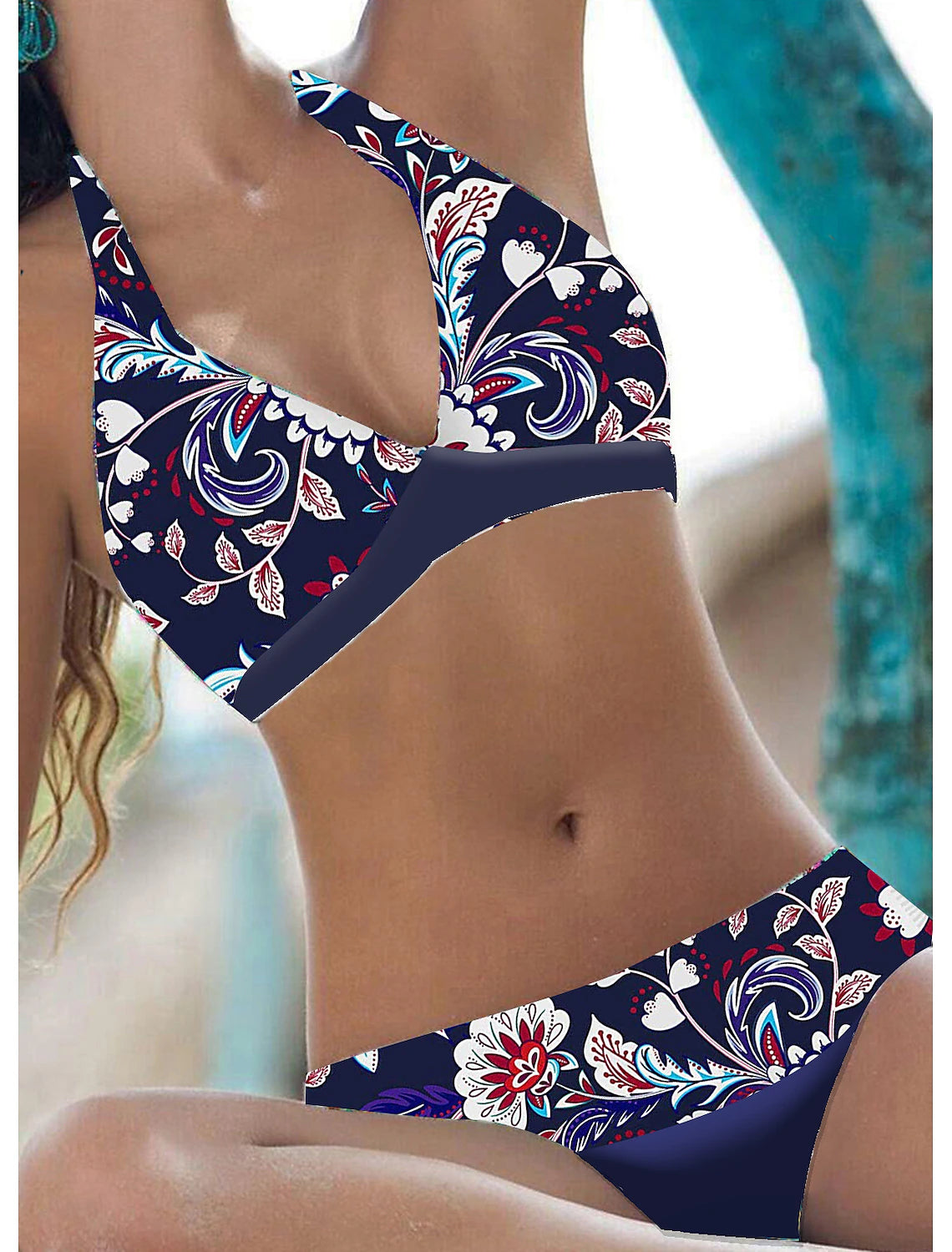 Women's Swimwear Bikini 2 Piece Swimsuit Halter 2 Piece Open Back Sexy Floral V Wire Tropical Sexy Bathing Suits