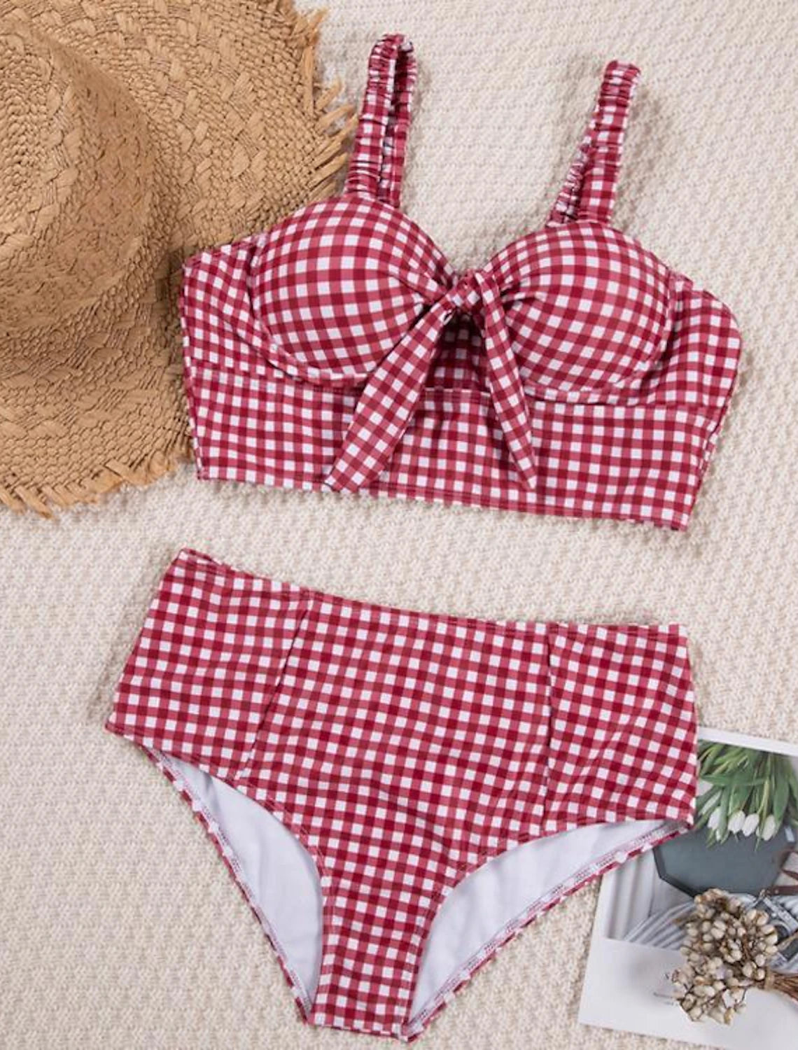 2 pcs Swimwear Bikini Swimsuits 1950s High-Waisted Women's Plaid Checkered Polyester Pink Bra Briefs
