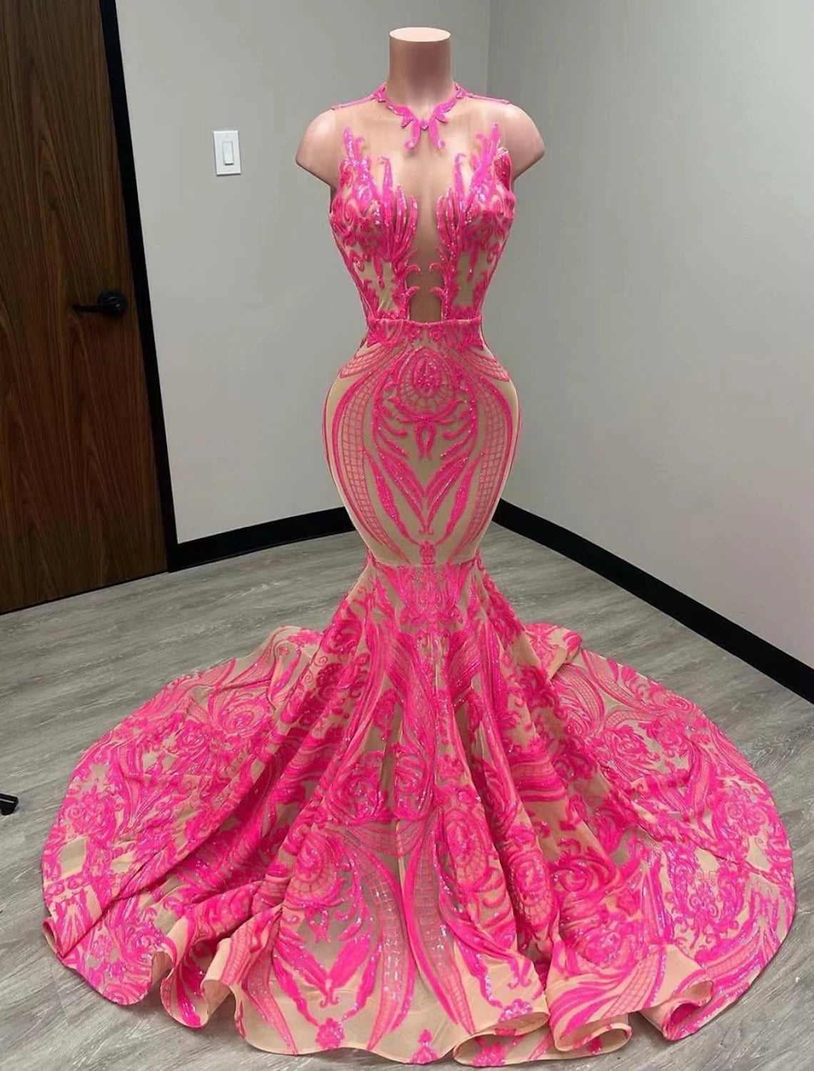Mermaid Black Dress Plus Size Evening Gown Elegant Dress Carnival Formal Court Train Sleeveless Illusion Neck African American Sequined with Sequin