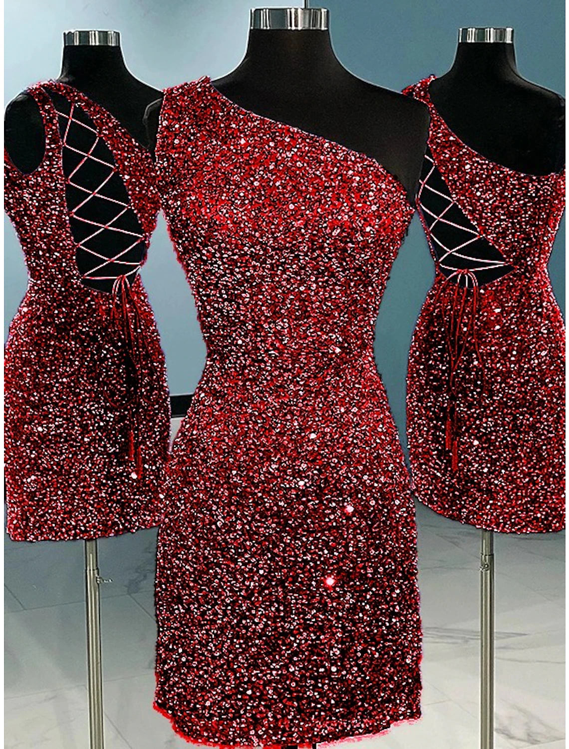 A-Line Sheath / Column Homecoming Dresses Sparkle & Shine Dress Holiday Graduation Short / Mini Sleeveless One Shoulder Sequined with Glitter Strappy