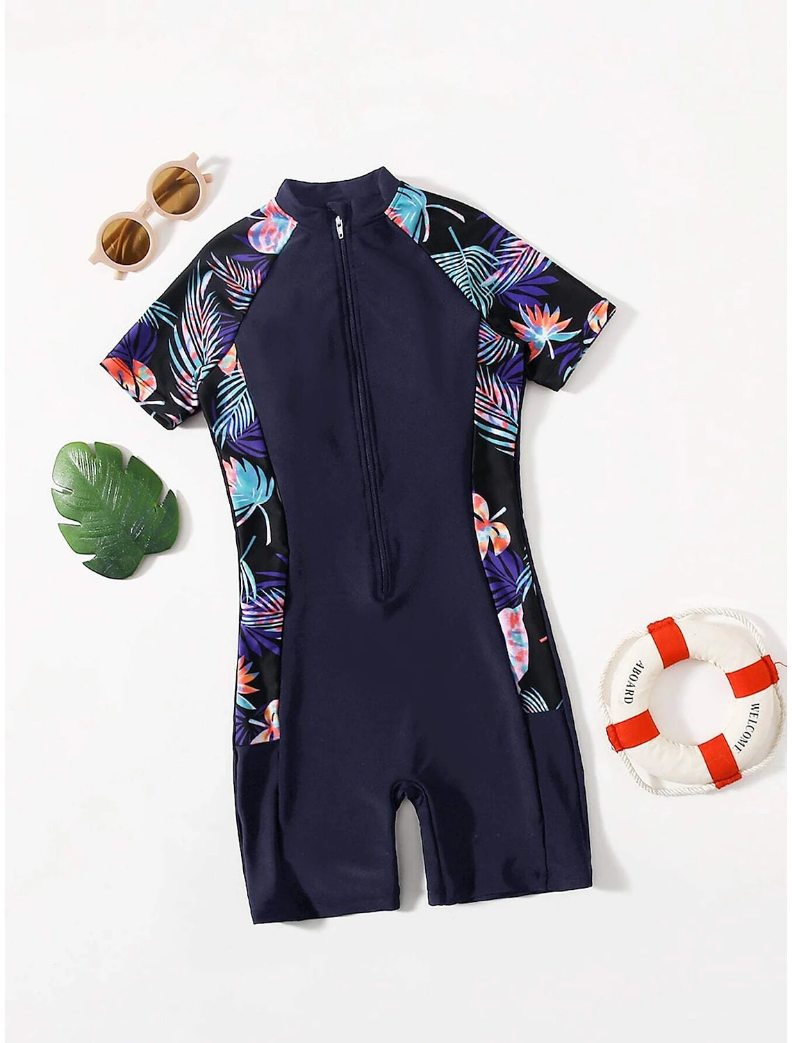 Women's Normal Swimwear Rash Guard Diving Bathing Suits Swimsuit Zipper UV Protection Modest Swimwear Tummy Control Printing Leaf Scoop Neck Vacation Stylish Bathing Suits