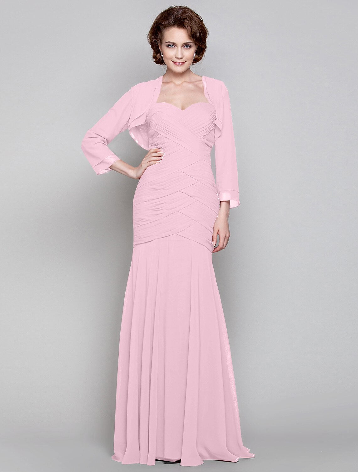 Mermaid / Trumpet Mother of the Bride Dress Two Piece Sweetheart Floor Length Chiffon Long Sleeve with Criss Cross