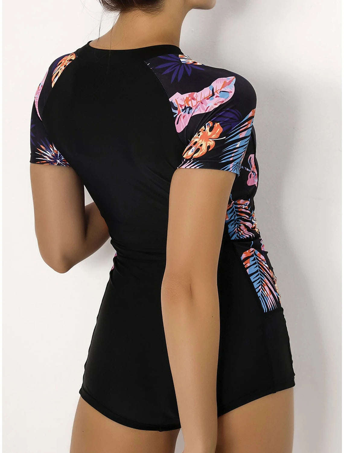 Women's Normal Swimwear Rash Guard Diving Bathing Suits Swimsuit Zipper UV Protection Modest Swimwear Tummy Control Printing Leaf Scoop Neck Vacation Stylish Bathing Suits