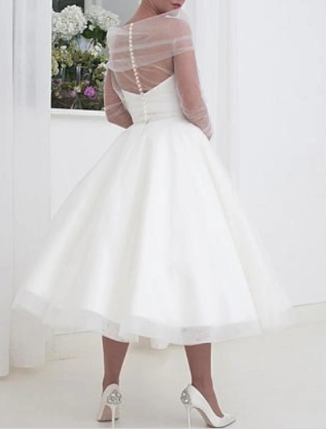 Reception Vintage 1940s / 1950s Little White Dresses Wedding Dresses A-Line Off Shoulder Long Sleeve Tea Length Tulle Bridal Gowns With Pleats