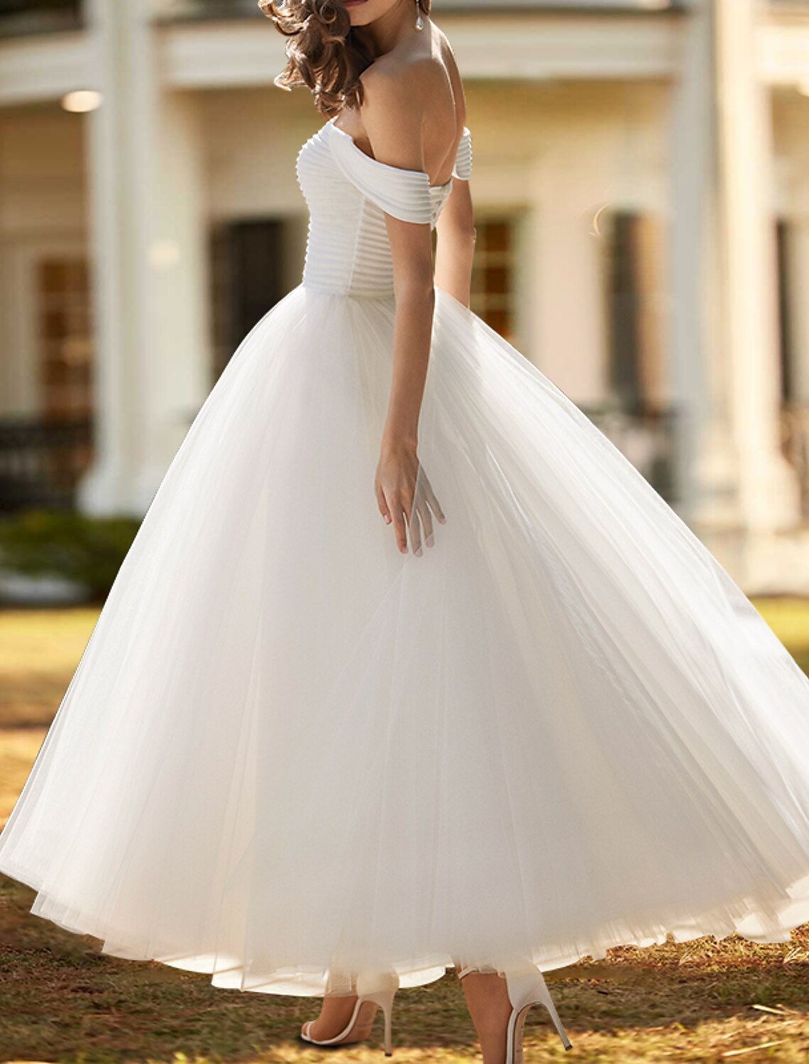 Bridal Shower Vintage 1940s / 1950s Little White Dresses Wedding Dresses Ball Gown Off Shoulder Cap Sleeve Ankle Length Chiffon Bridal Gowns With Ruched