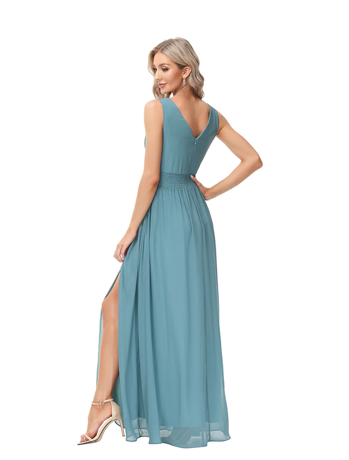 A-Line Evening Gown Empire Dress Party Wear Wedding Guest Floor Length Sleeveless V Neck Bridesmaid Dress Chiffon V Back