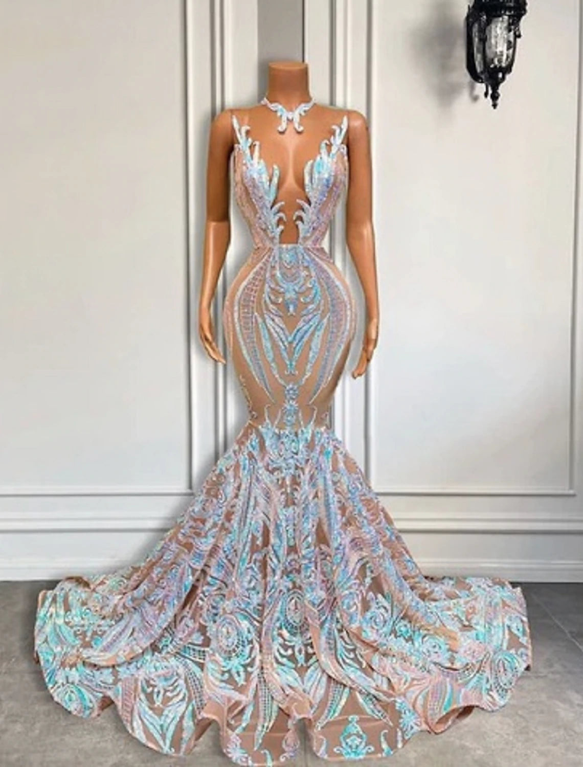 Mermaid Black Dress Plus Size Evening Gown Elegant Dress Carnival Formal Court Train Sleeveless Illusion Neck African American Sequined with Sequin