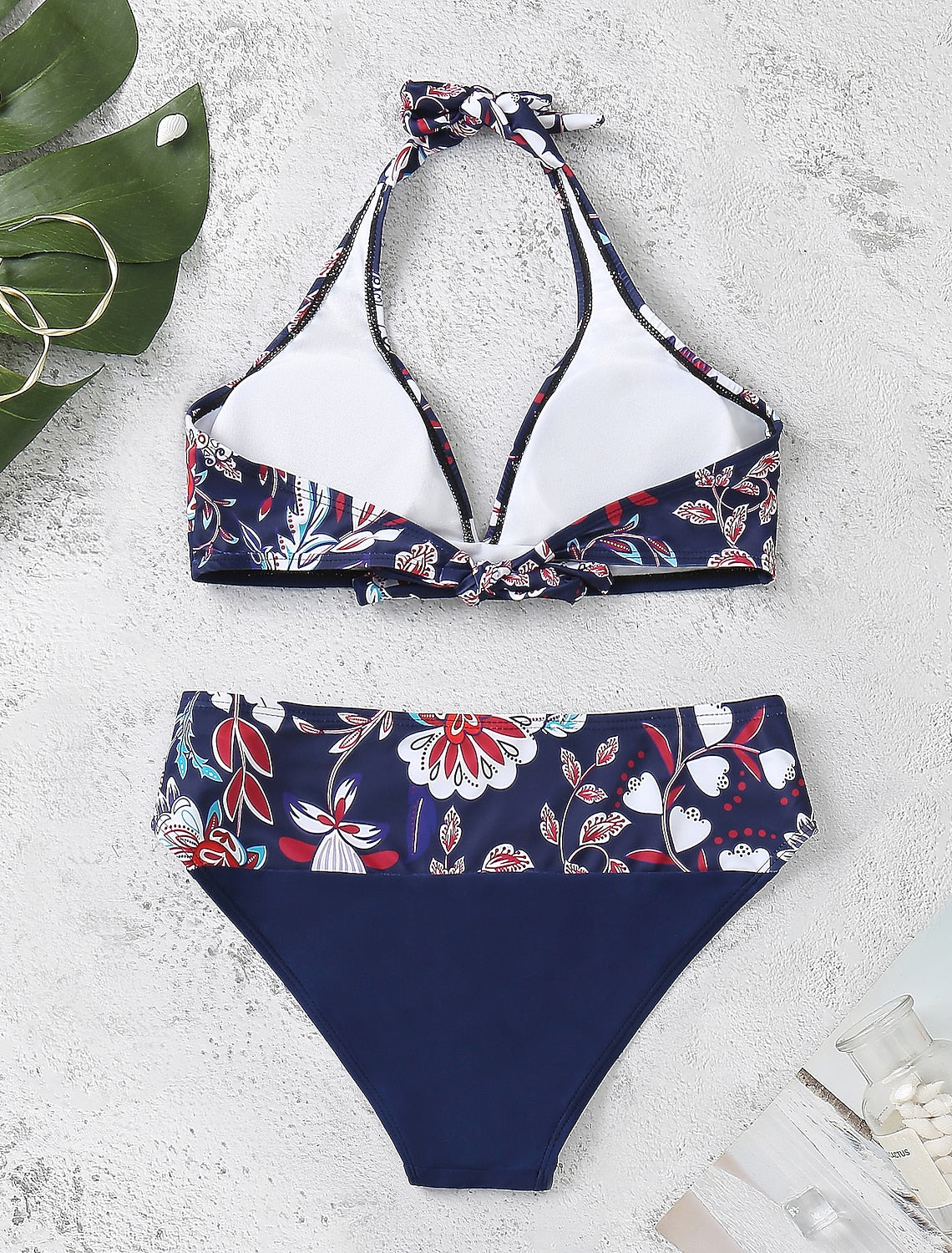 Women's Swimwear Bikini 2 Piece Swimsuit Halter 2 Piece Open Back Sexy Floral V Wire Tropical Sexy Bathing Suits