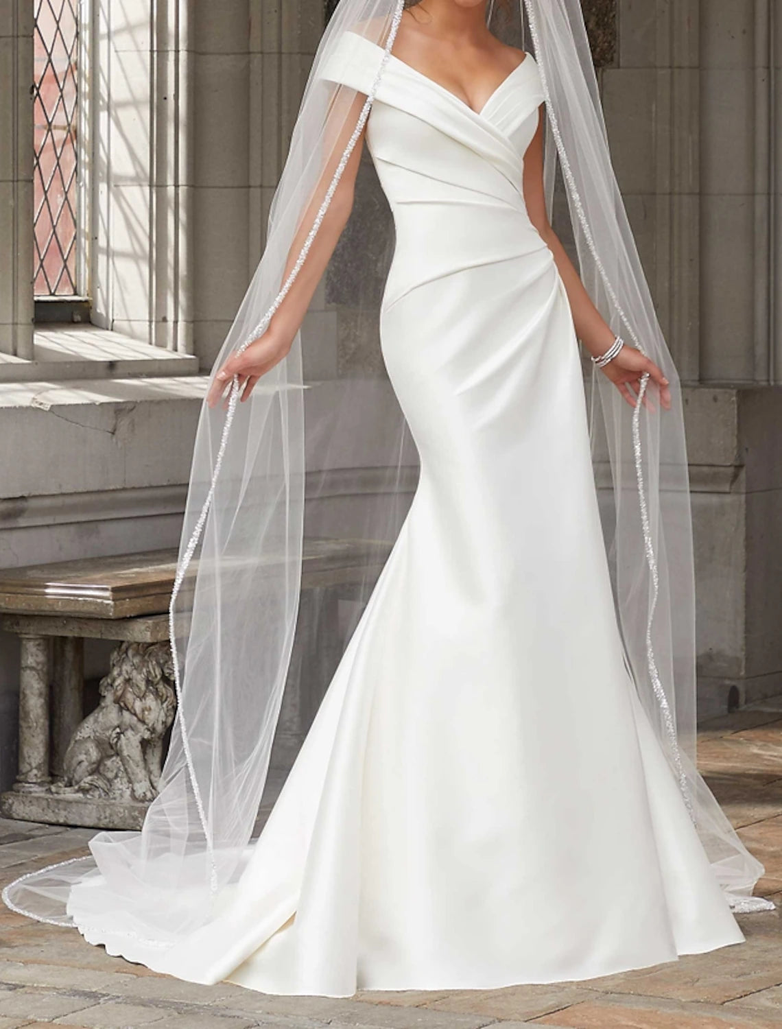 Engagement Formal Wedding Dresses Mermaid / Trumpet Off Shoulder Cap Sleeve Chapel Train Satin Bridal Gowns With Ruched Draping