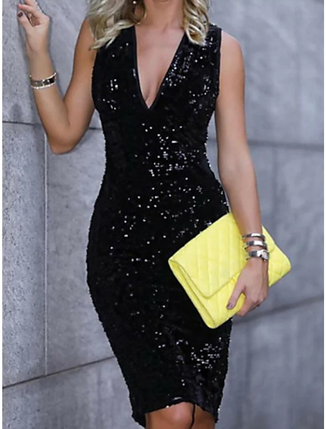 Sheath / Column Wedding Guest Dresses Sparkle & Shine Dress Wedding Party Semi Formal Knee Length Sleeveless V Neck Sequined with Sequin Pure Color