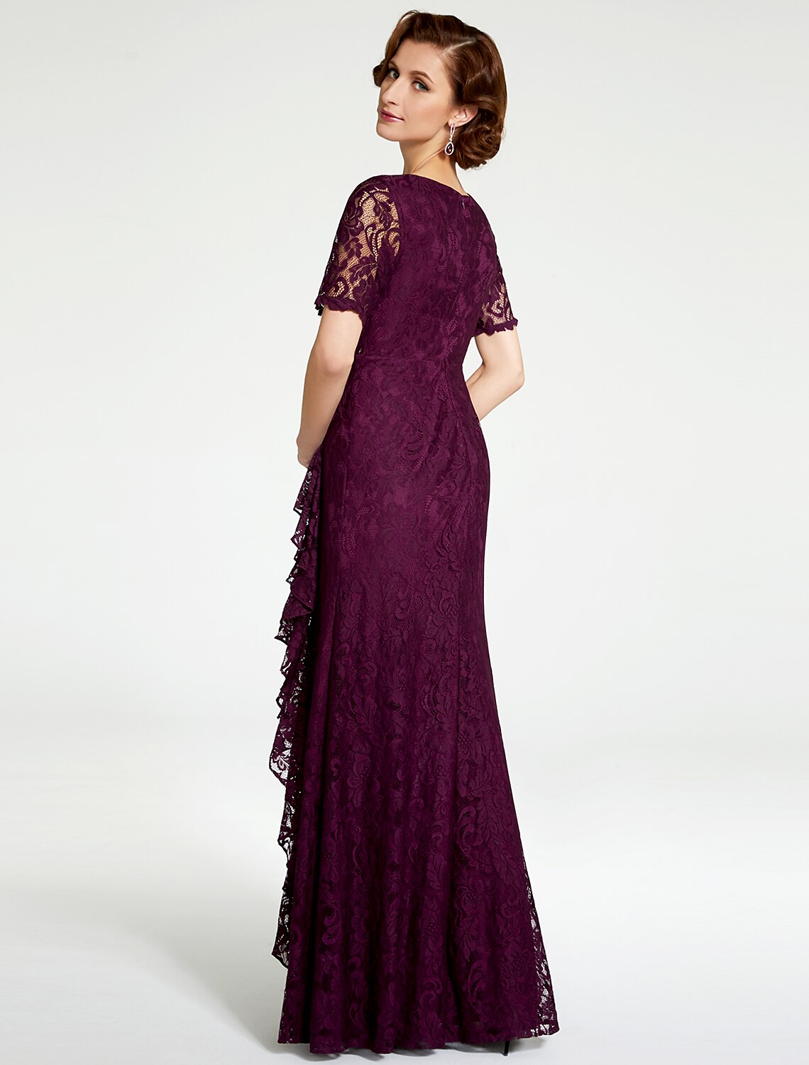 Sheath / Column Mother of the Bride Dress V Neck Floor Length Lace Short Sleeve with Lace Beading