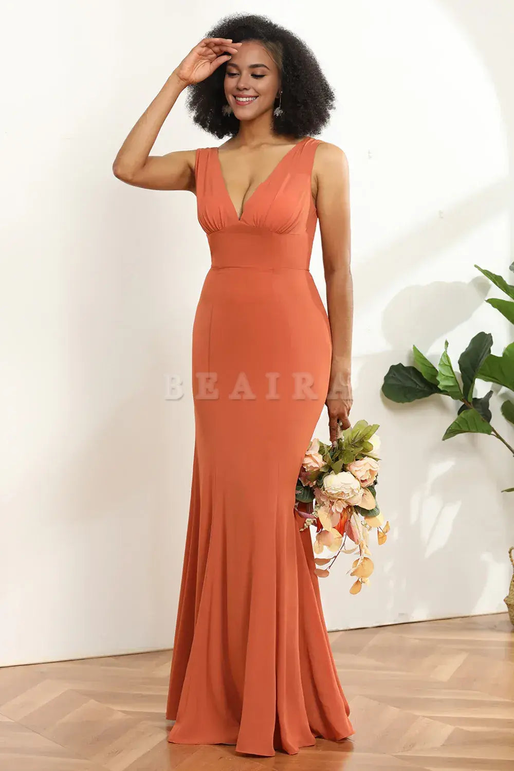 Beaira simple Sunset Mermaid V-neck Bridesmaid Dress With Ruffles New Arrivals