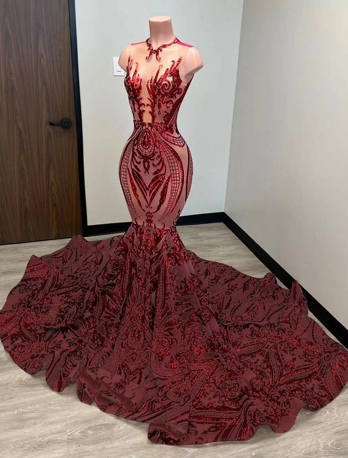 Mermaid Black Dress Plus Size Evening Gown Elegant Dress Carnival Formal Court Train Sleeveless Illusion Neck African American Sequined with Sequin