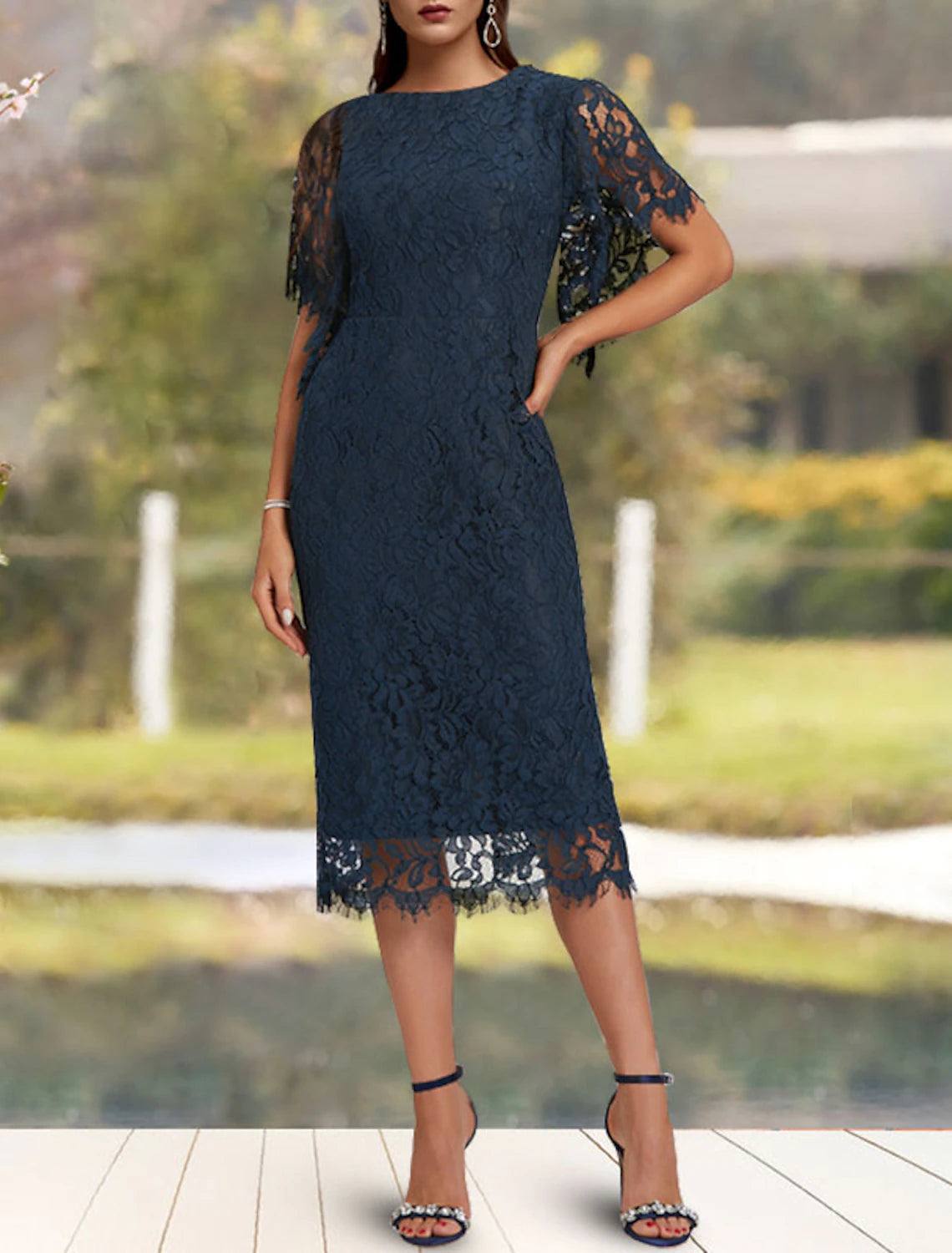 Sheath / Column Mother of the Bride Dress Wedding Guest Elegant Jewel Neck Tea Length Lace Short Sleeve with Solid