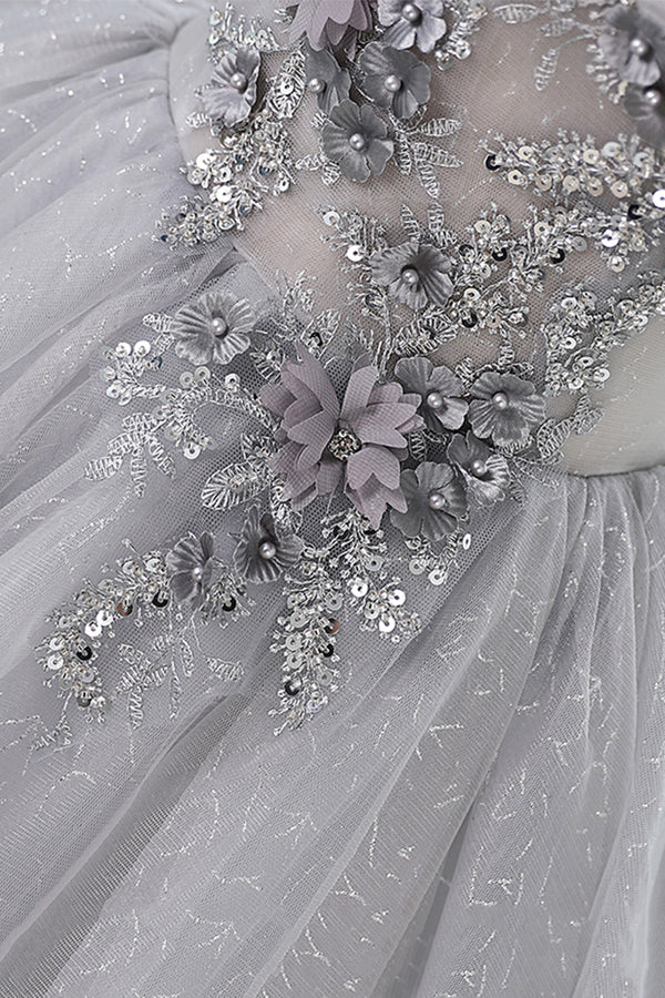 Gray Scoop Neckline Tulle Sequins Short Prom Dress A-Line Off the Shoulder Evening Party Dress