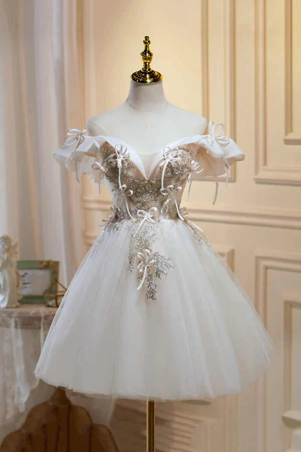 Cute Tulle Sequins Short Prom Dress Light Champagne Off Shoulder Party Dress