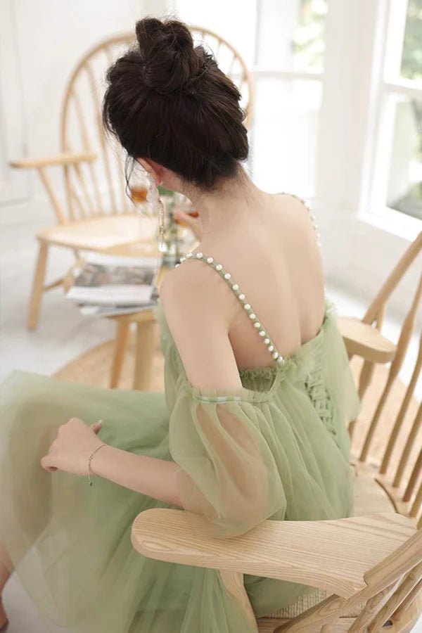 Green Spaghetti Strap Tulle Short Prom Dress Green A-Line Homecoming Dress