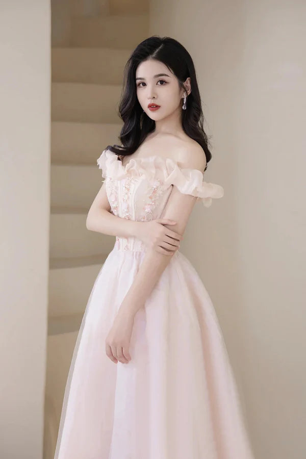 Pink Tulle Beaded Short Prom Dress Pink Off Shoulder Evening Party Dress