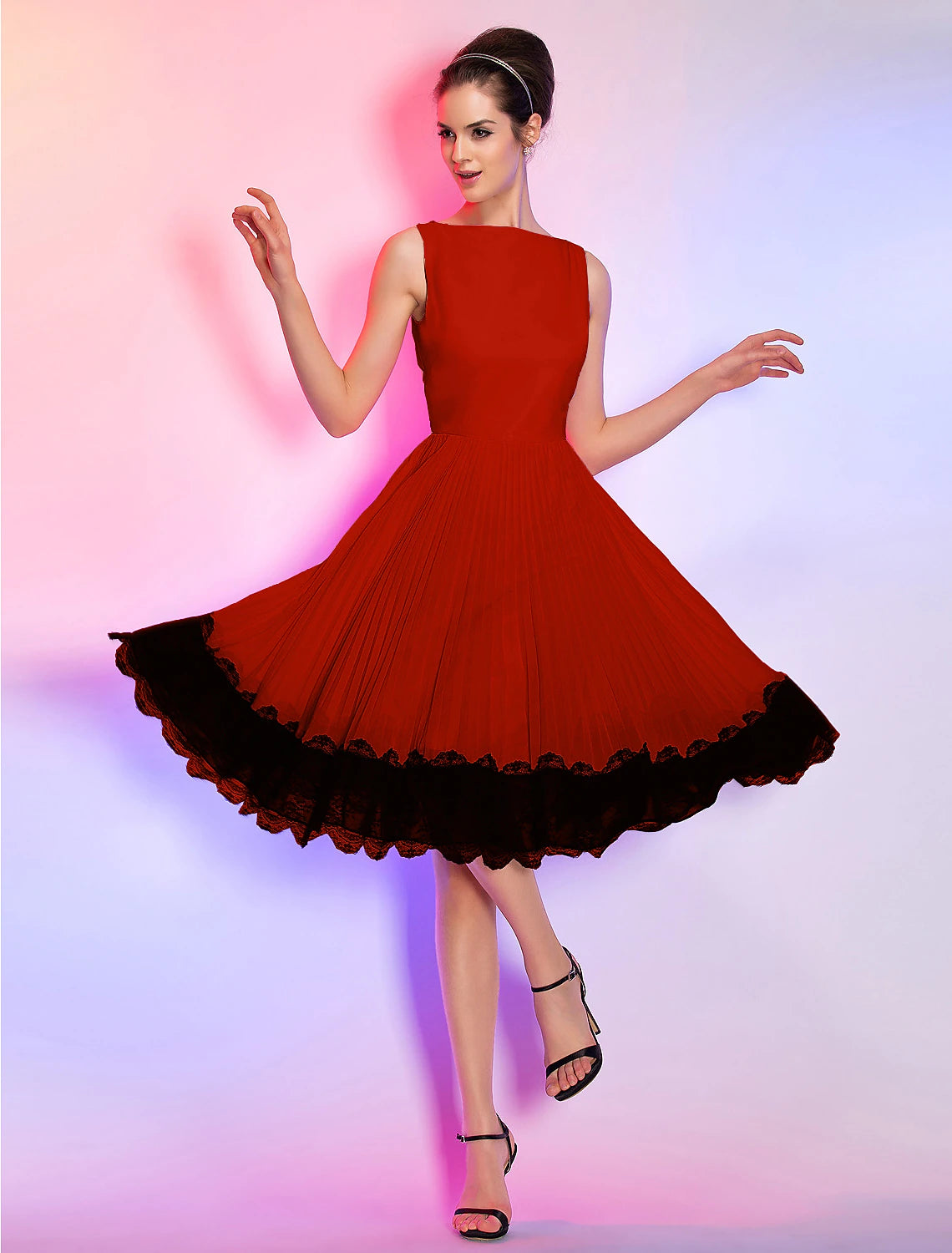 A-Line Vintage Dress Homecoming Graduation Knee Length Sleeveless Boat Neck Pink Dress Chiffon with Lace Insert