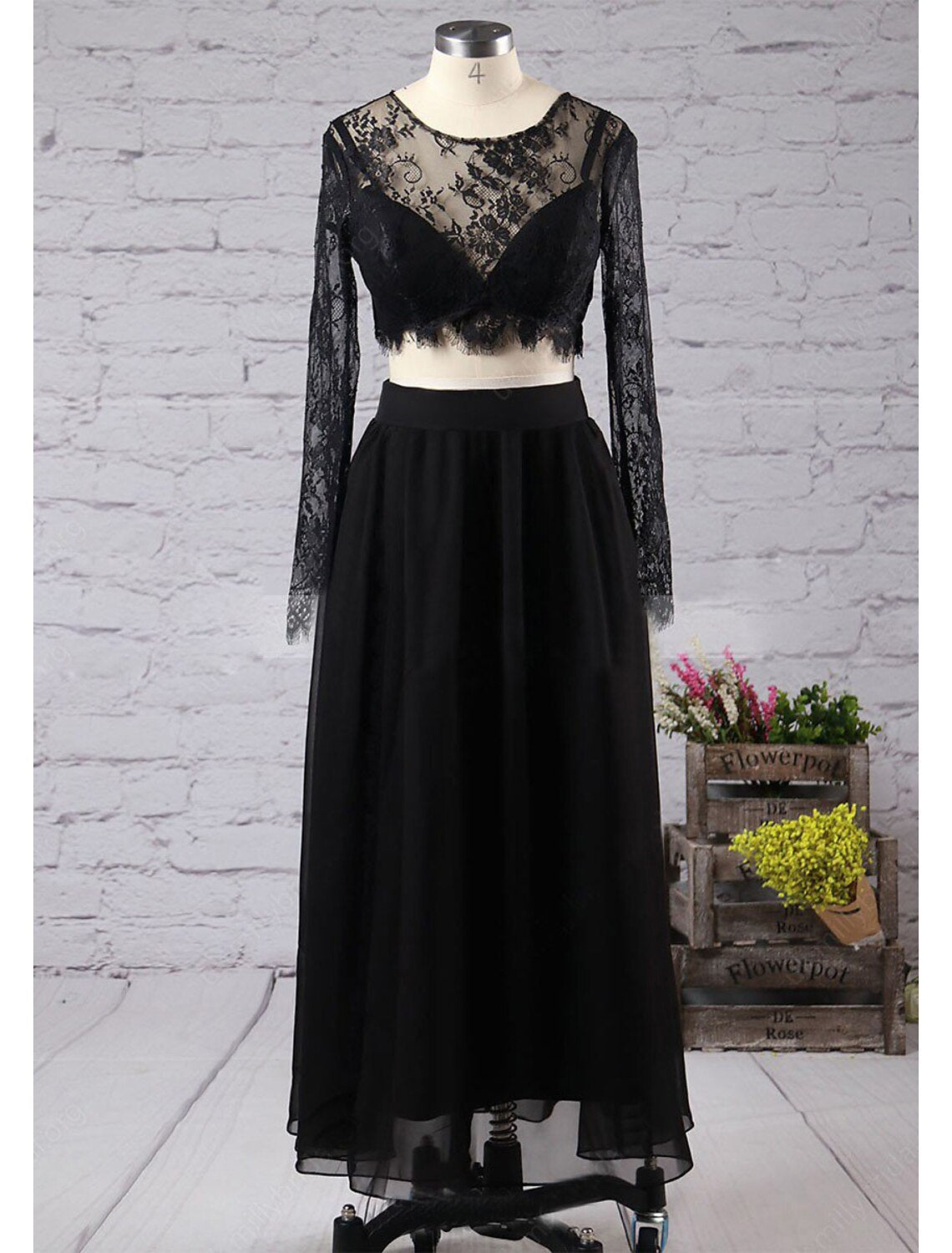 Two Piece A-Line Prom Dresses High Split Dress Formal Prom Floor Length Long Sleeve Jewel Neck Chiffon
