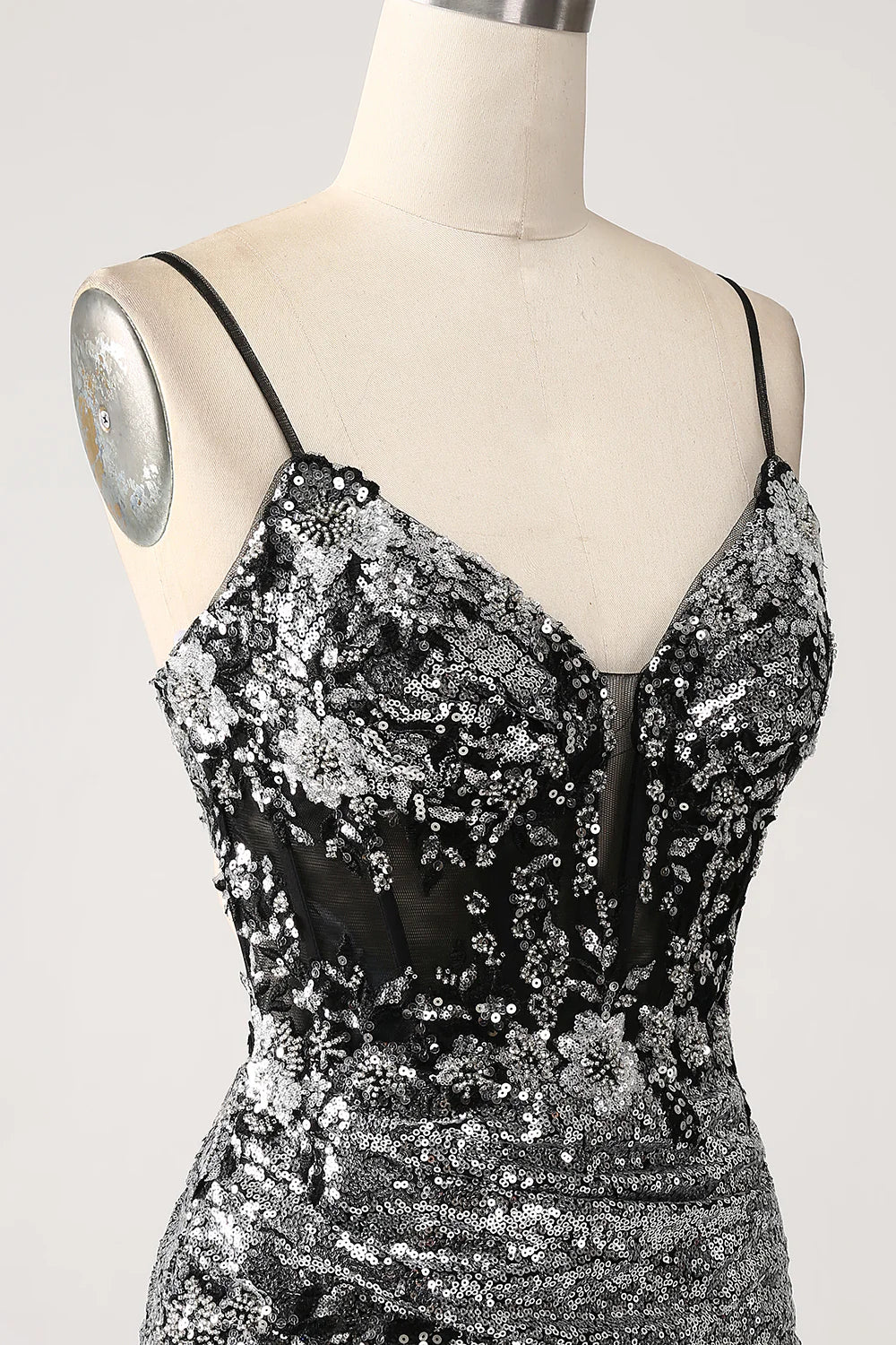 Beaira Black Sparkly Mermaid Spaghetti Straps Corset Prom Dress with Slit