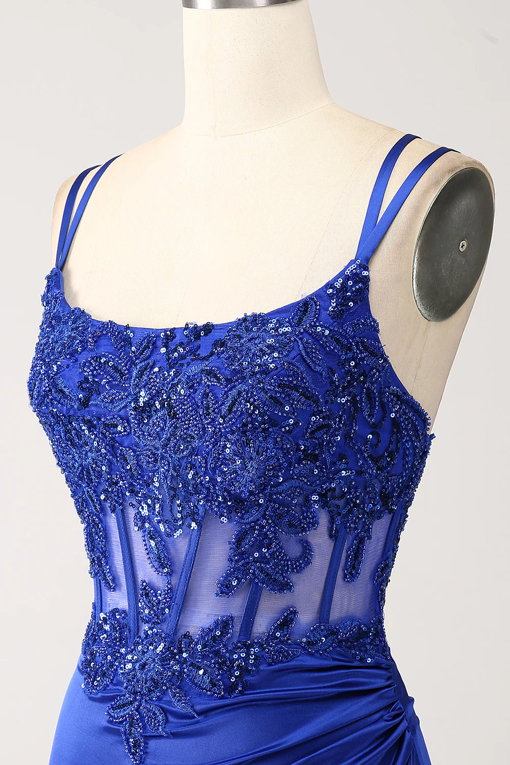 Beaira Royal Blue Mermaid Corset Beaded Long Prom Dress with Slit