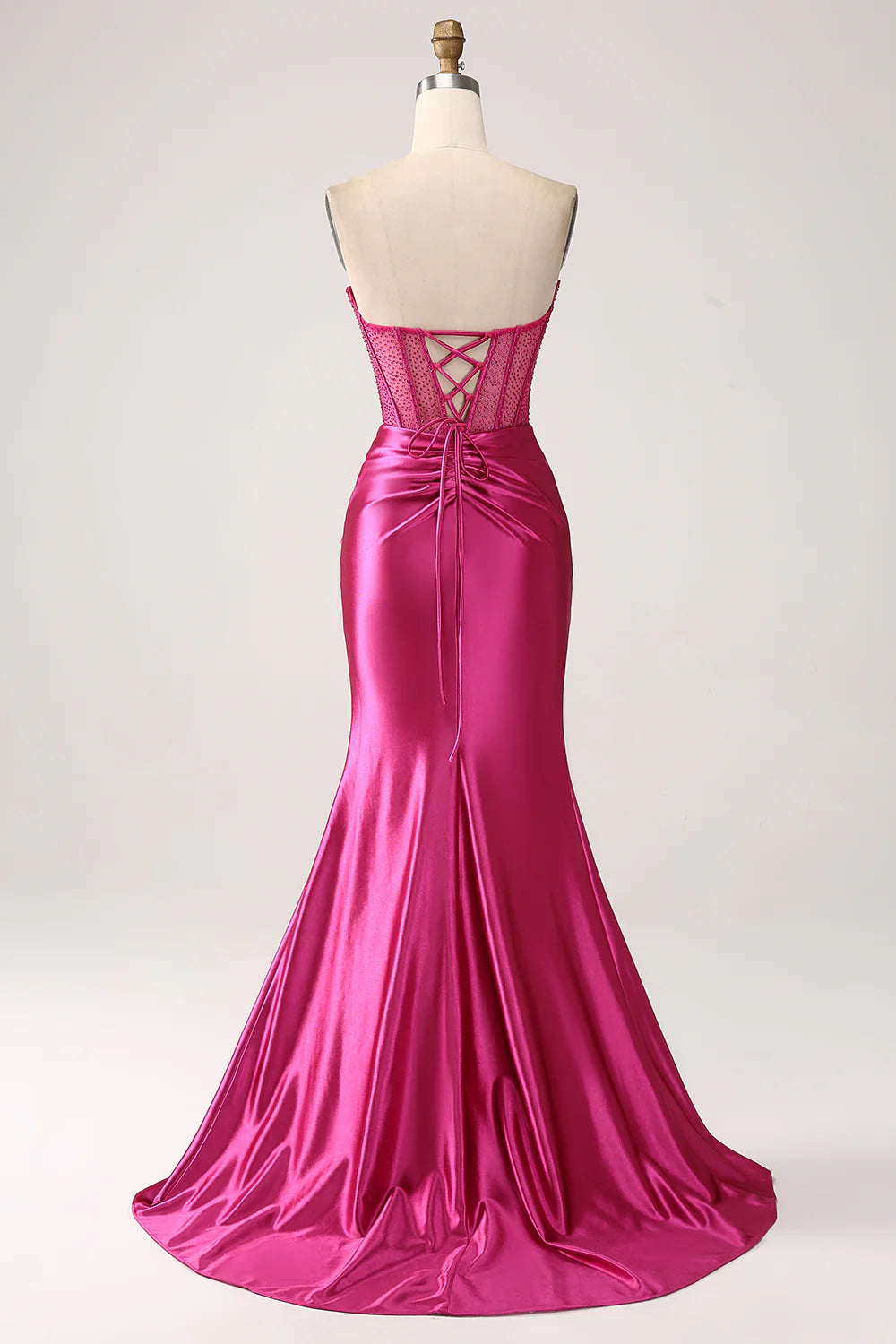 Beaira Fuchsia Mermaid Sweetheart Pleated Long Corset Satin Prom Dress With Slit