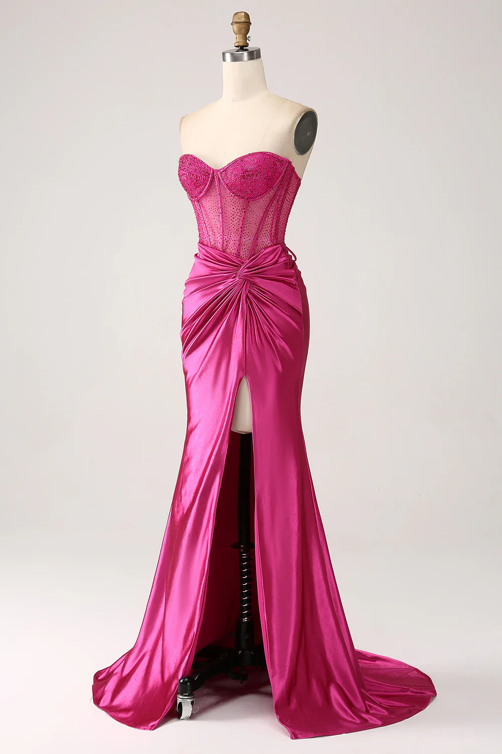 Beaira Fuchsia Mermaid Sweetheart Pleated Long Corset Satin Prom Dress With Slit