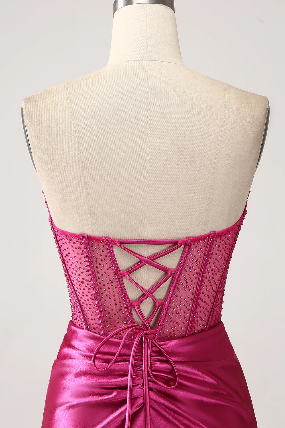 Beaira Fuchsia Mermaid Sweetheart Pleated Long Corset Satin Prom Dress With Slit