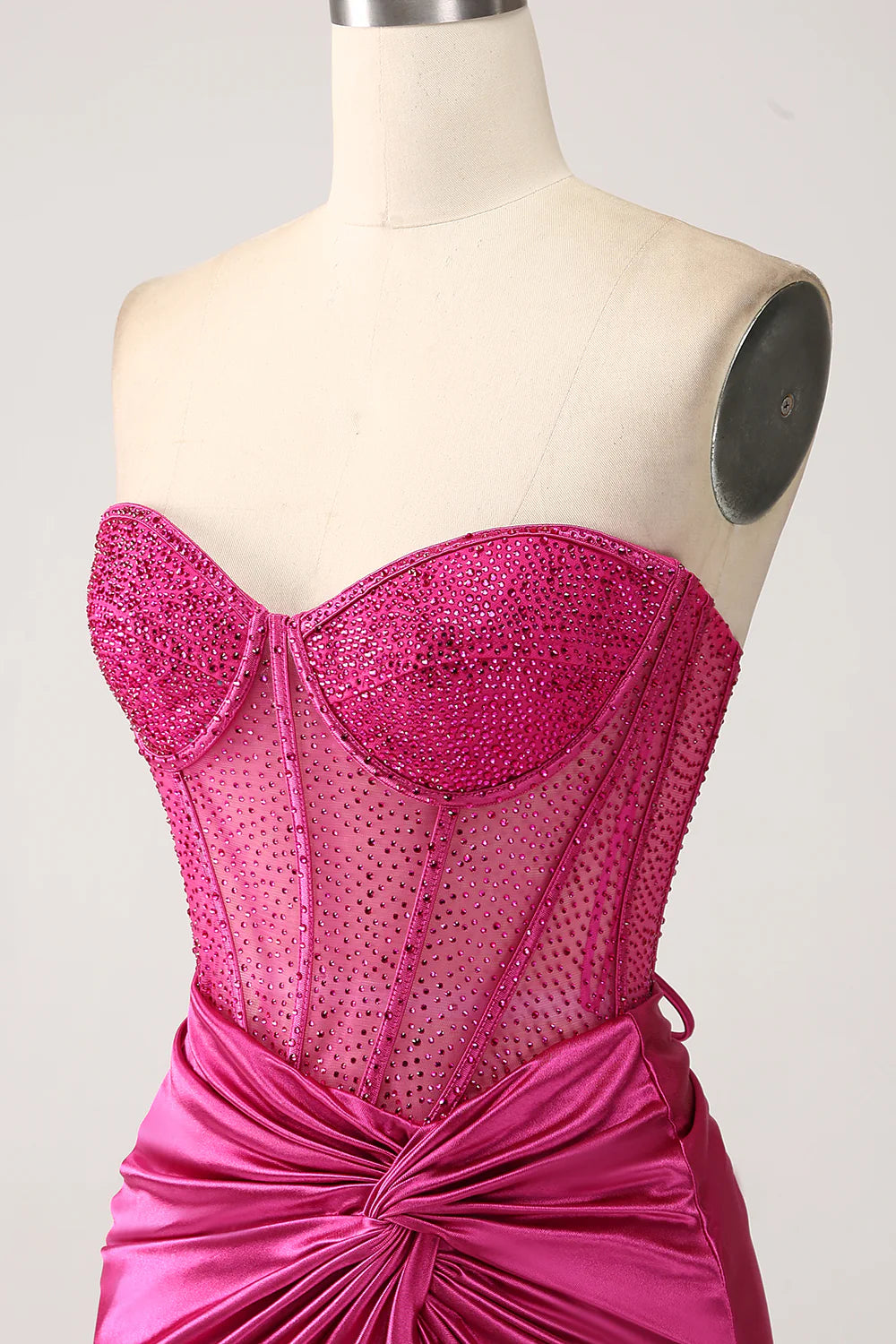 Beaira Fuchsia Mermaid Sweetheart Pleated Long Corset Satin Prom Dress With Slit