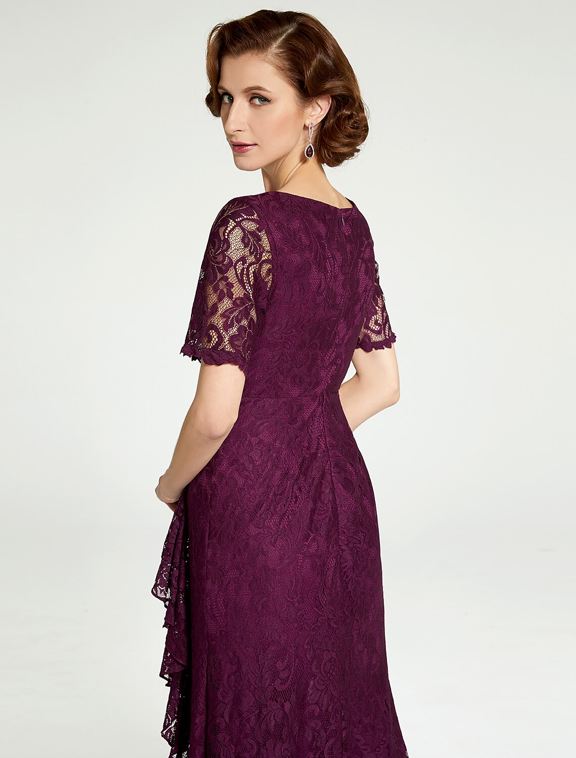 Sheath / Column Mother of the Bride Dress V Neck Floor Length Lace Short Sleeve with Lace Beading