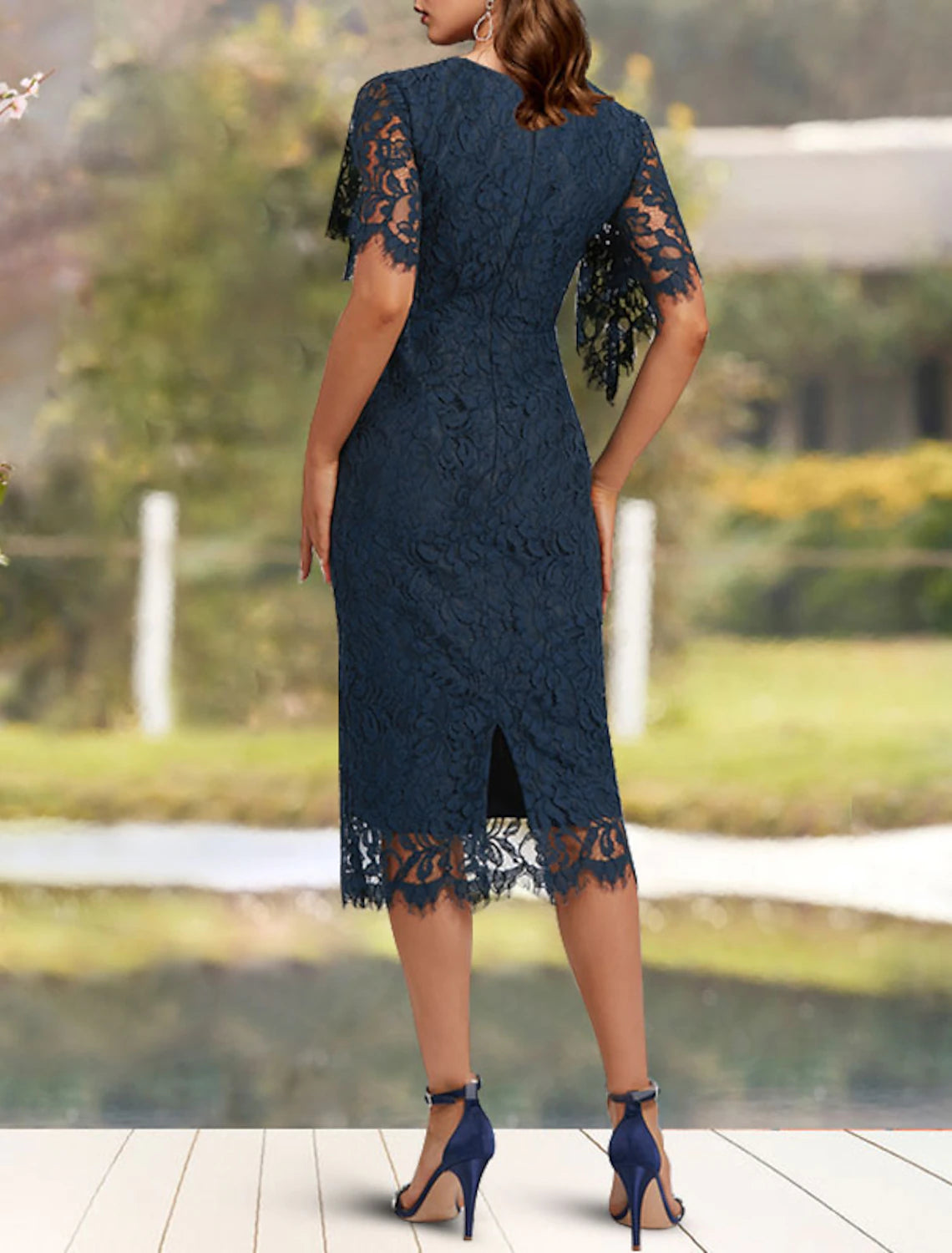 Sheath / Column Mother of the Bride Dress Wedding Guest Elegant Jewel Neck Tea Length Lace Short Sleeve with Solid