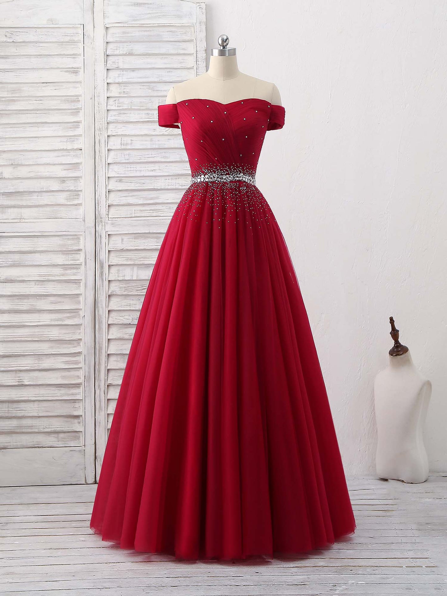 A Line Burgundy Off the Shoulder Lace up Tulle Sweetheart Floor-Length Prom Dresses