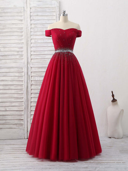 A Line Burgundy Off the Shoulder Lace up Tulle Sweetheart Floor-Length Prom Dresses