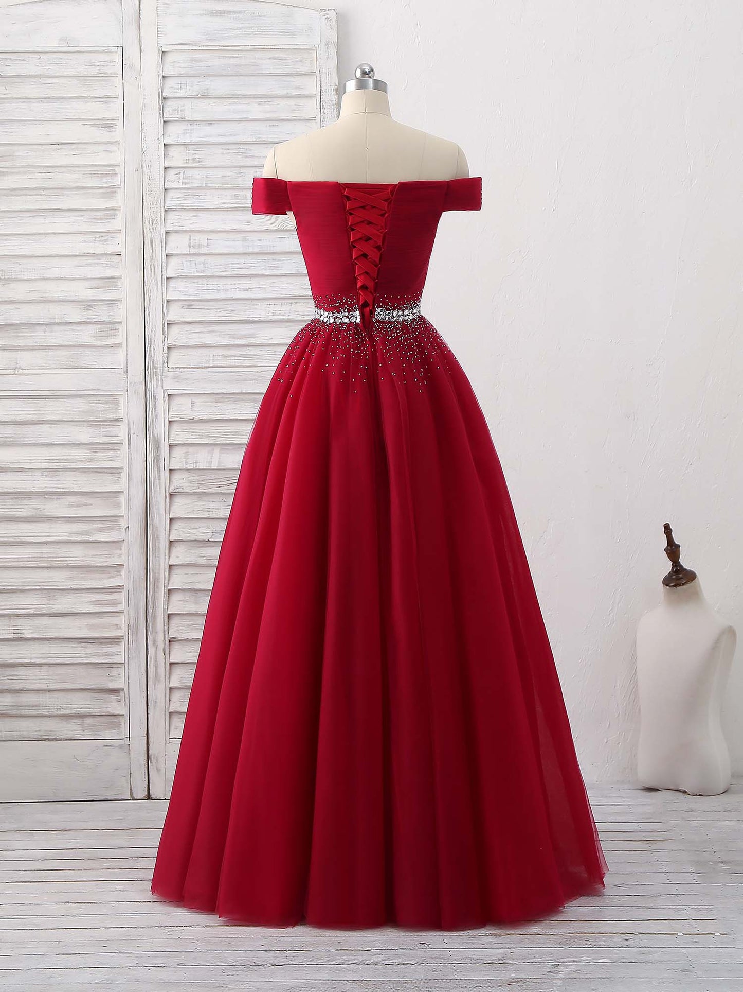 A Line Burgundy Off the Shoulder Lace up Tulle Sweetheart Floor-Length Prom Dresses