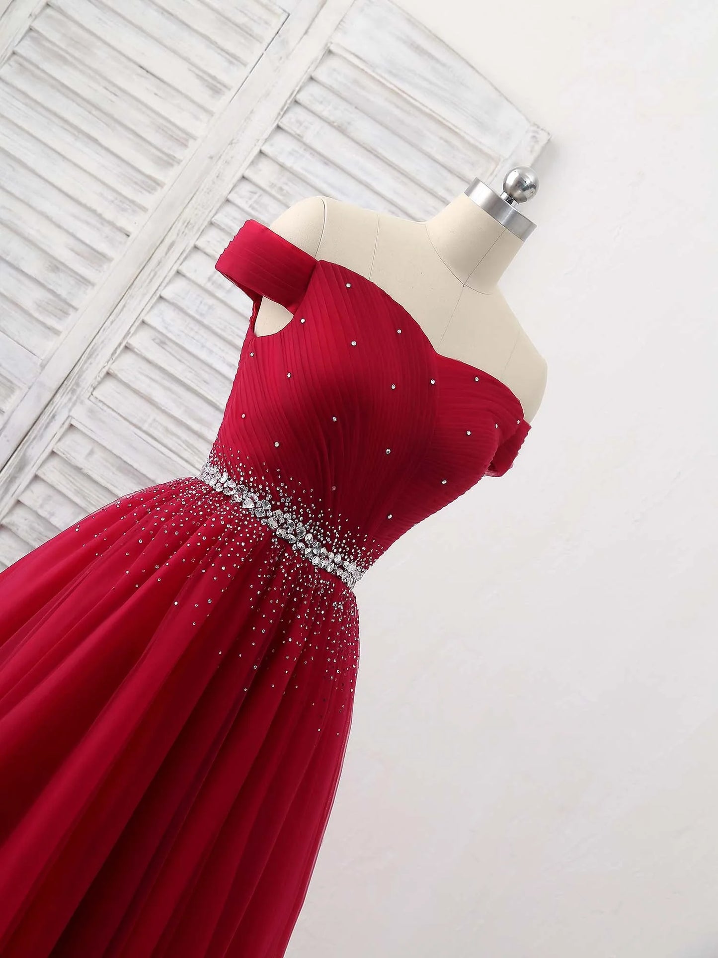A Line Burgundy Off the Shoulder Lace up Tulle Sweetheart Floor-Length Prom Dresses