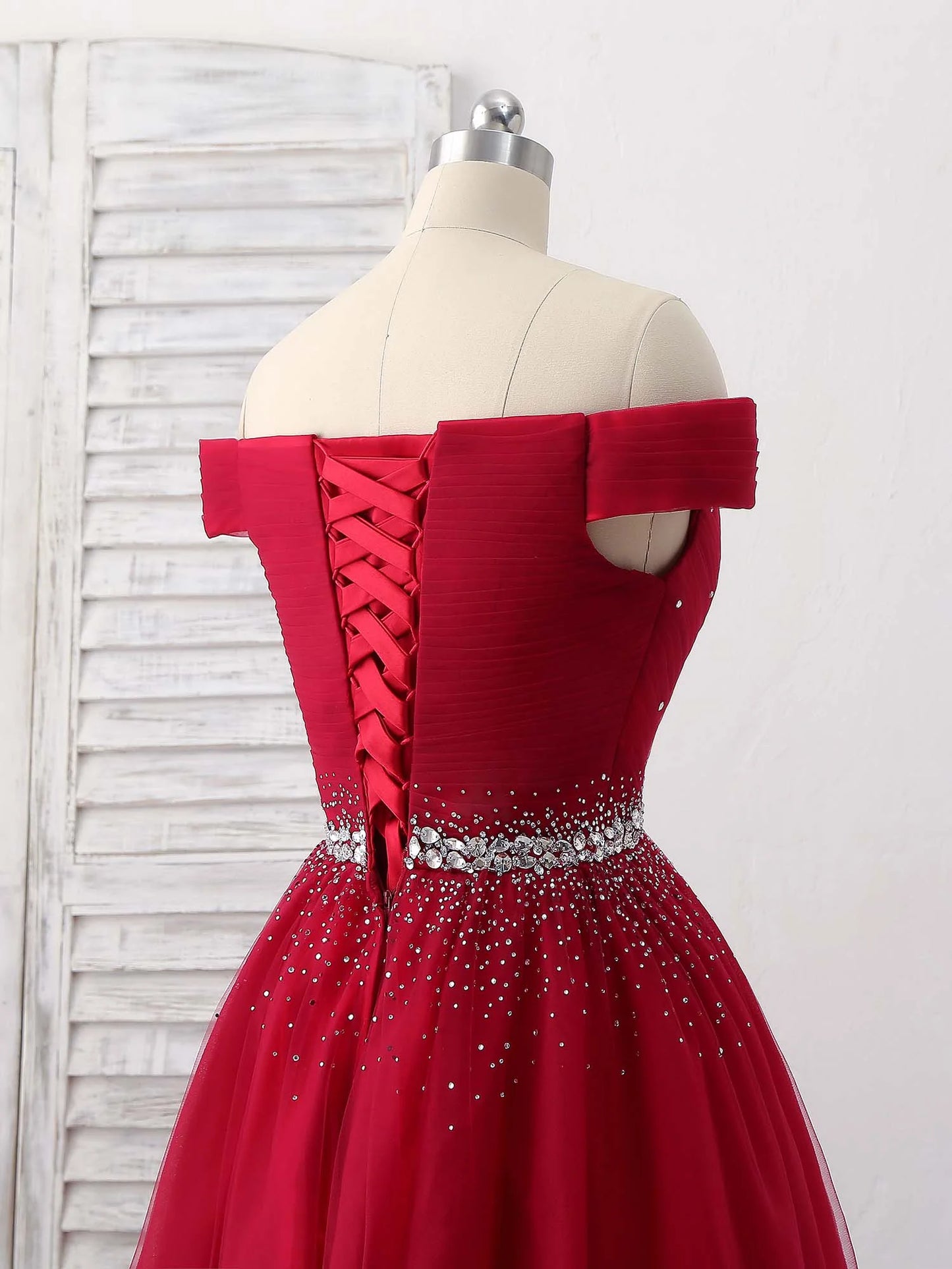 A Line Burgundy Off the Shoulder Lace up Tulle Sweetheart Floor-Length Prom Dresses