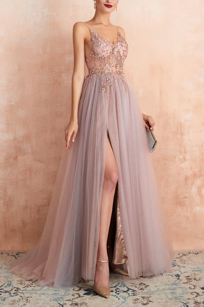 Spaghetti Straps Slit Tulle Prom Dress