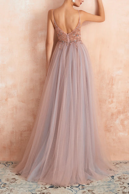 V-neck Grey Pink Tulle Prom Dress