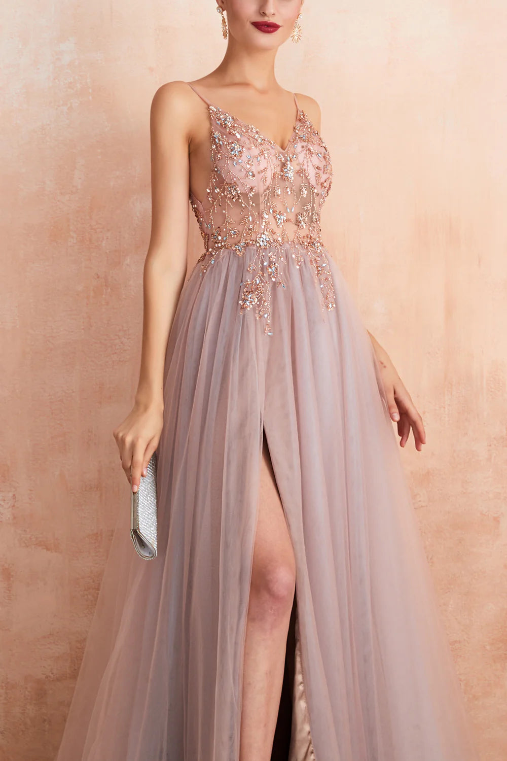 V-neck Grey Pink Tulle Prom Dress