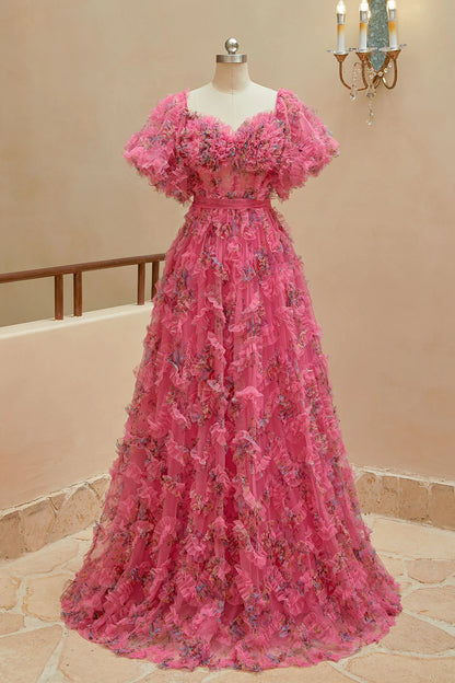 A Line Sweetheart Ruffles Sweep Train Floral Printed Chiffon Prom Dresses