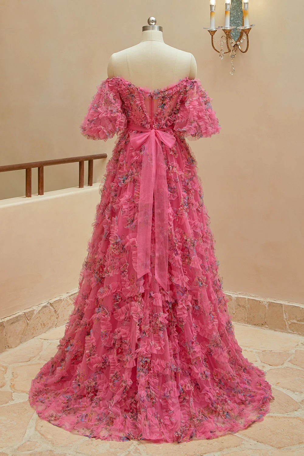 A Line Sweetheart Ruffles Sweep Train Floral Printed Chiffon Prom Dresses